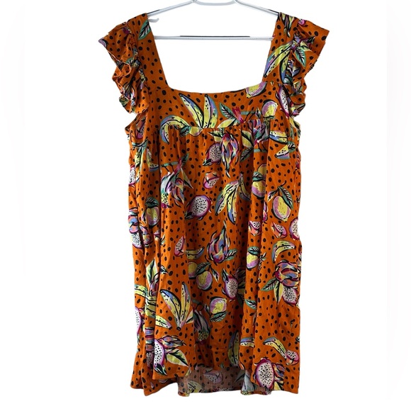 Anthropologie Orange Printed Linen Blend Mini Babydoll Dress size L - Picture 2 of 5